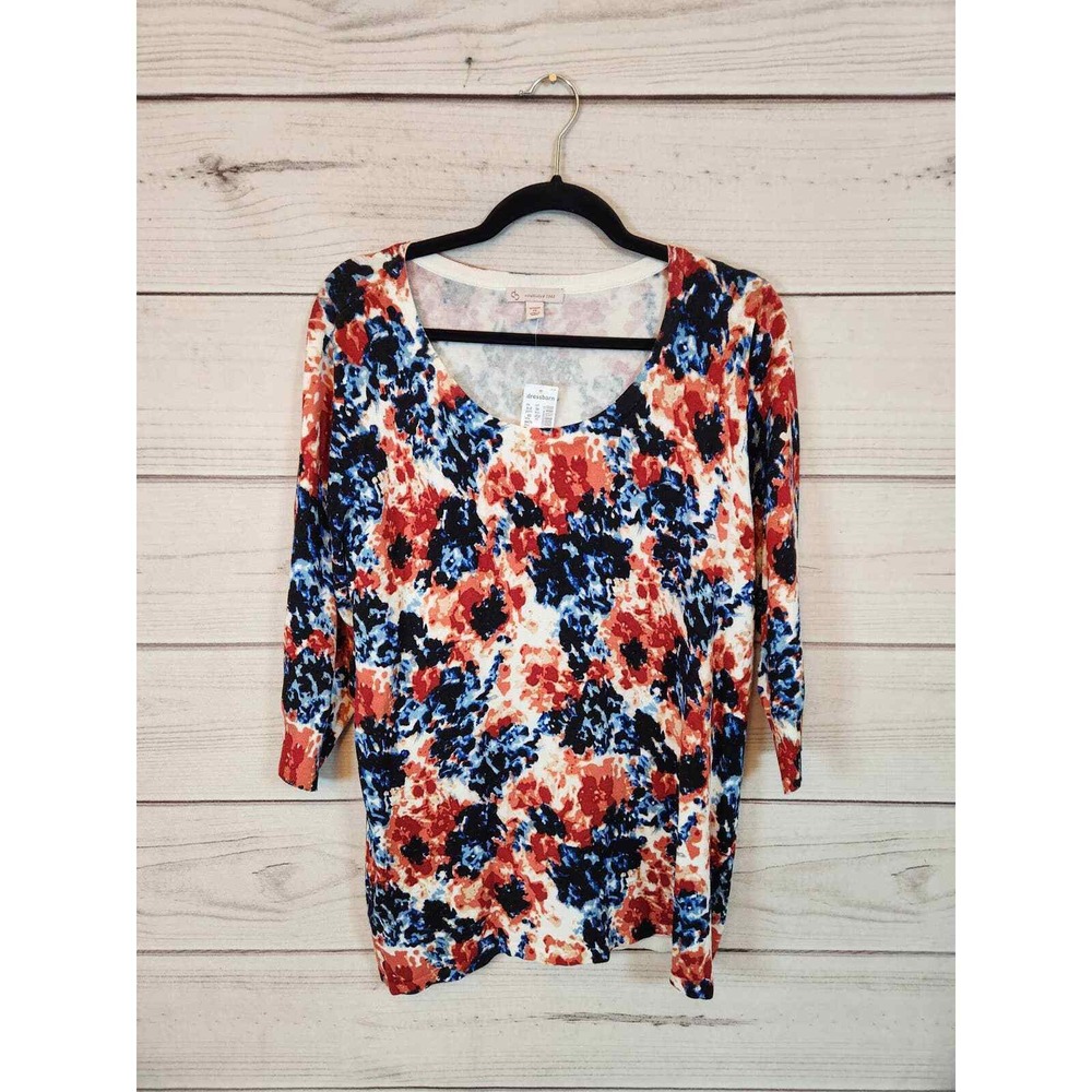 Dressbarn Women's Plus Size 1X 3/4 Sleeve V-Neck Multicolor Floral Print Sweater